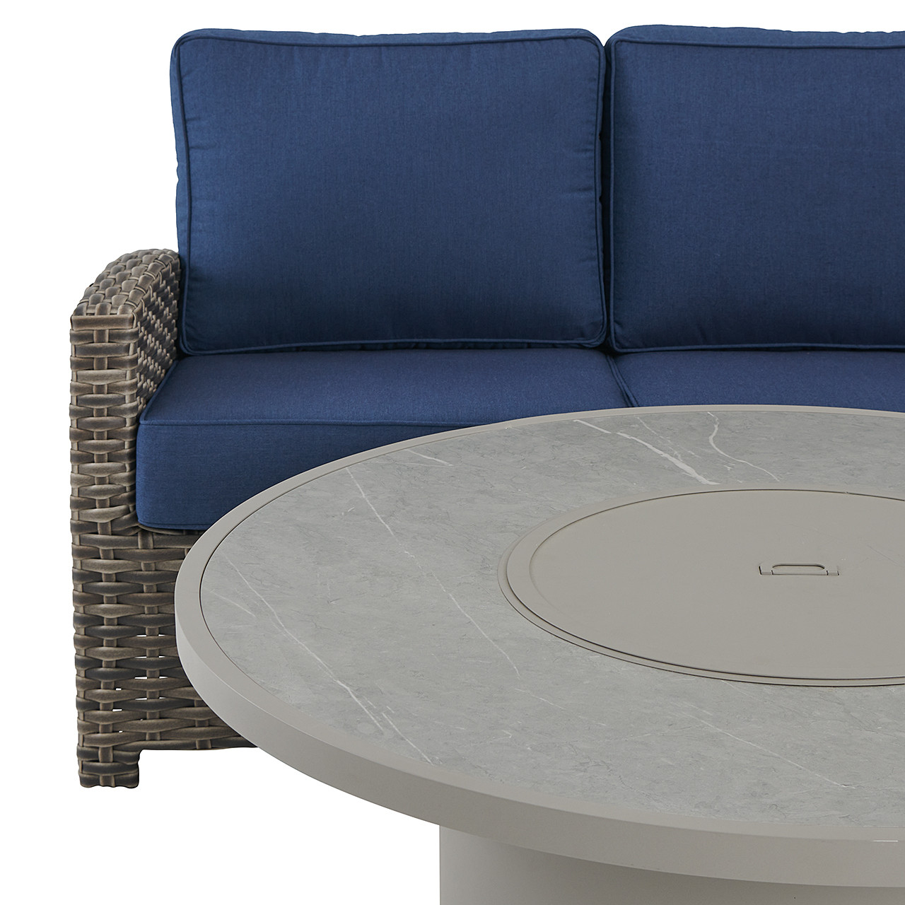Sonoma Husk Outdoor Wicker with Cushions 4 Piece Swivel Loveseat Group + 48 in. D Sintered Fire Pit Table