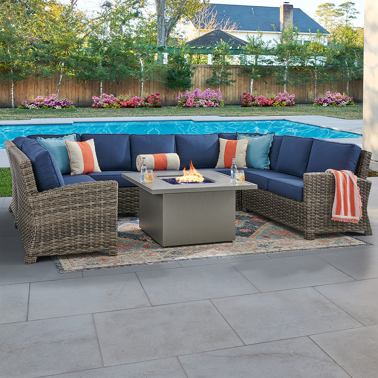 Sonoma Husk Outdoor Wicker with Cushions 8 Piece U-Shape Sectional + 42 in. Sq. Sintered Fire Pit
