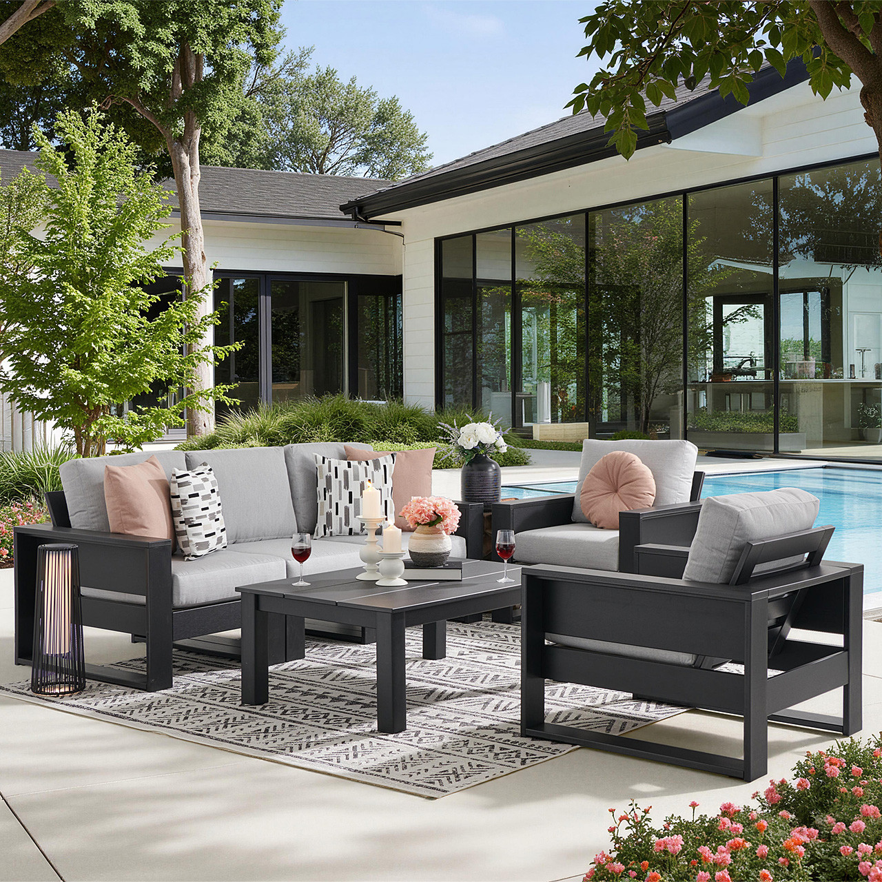 Montauk Polymer with Cushions 6 Piece Modular Sofa Group + 48 x 32 in. Coffee Table