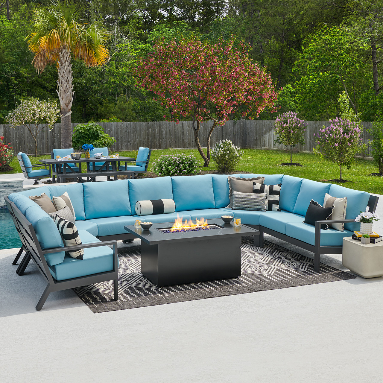 Montecito Charcoal Aluminum with Cushions 8 Piece U-Shaped Sectional + 52 x 32 in. Sintered Fire Pit Table