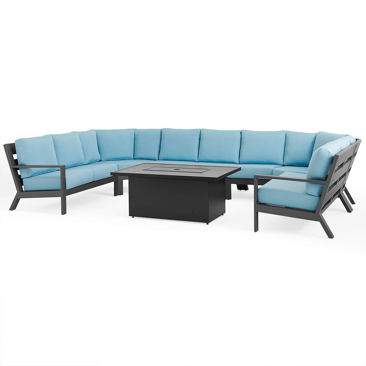 Montecito Charcoal Aluminum with Cushions 8 Piece U-Shaped Sectional + 52 x 32 in. Sintered Fire Pit Table