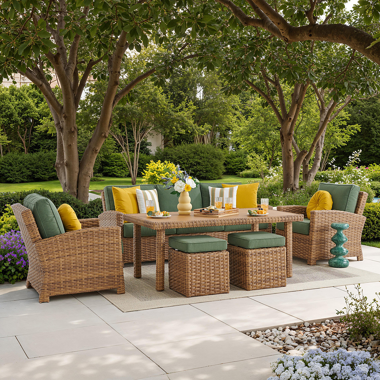 Sonoma Natural Outdoor Wicker with Cushions 6 Piece Sofa Group + 65 x 34 in. Poly Rattan Lounge Height Coffee Table