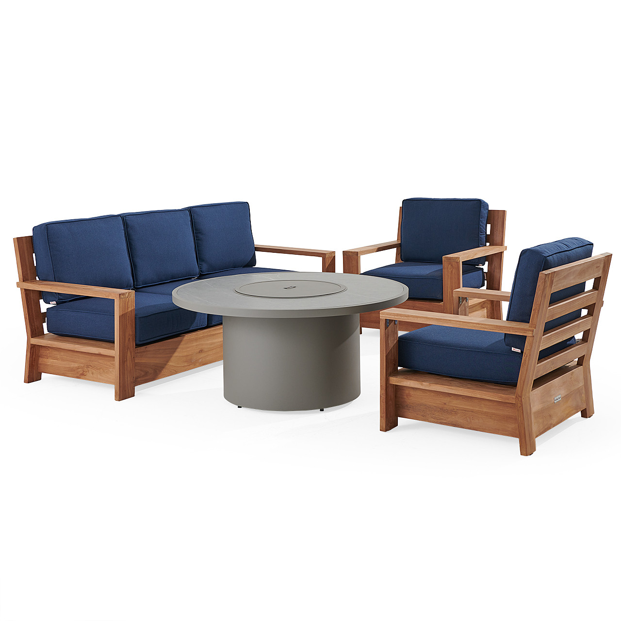 Castello Teak with Cushions 4 Piece Sofa Group + 48 in. D Sintered Fire Pit