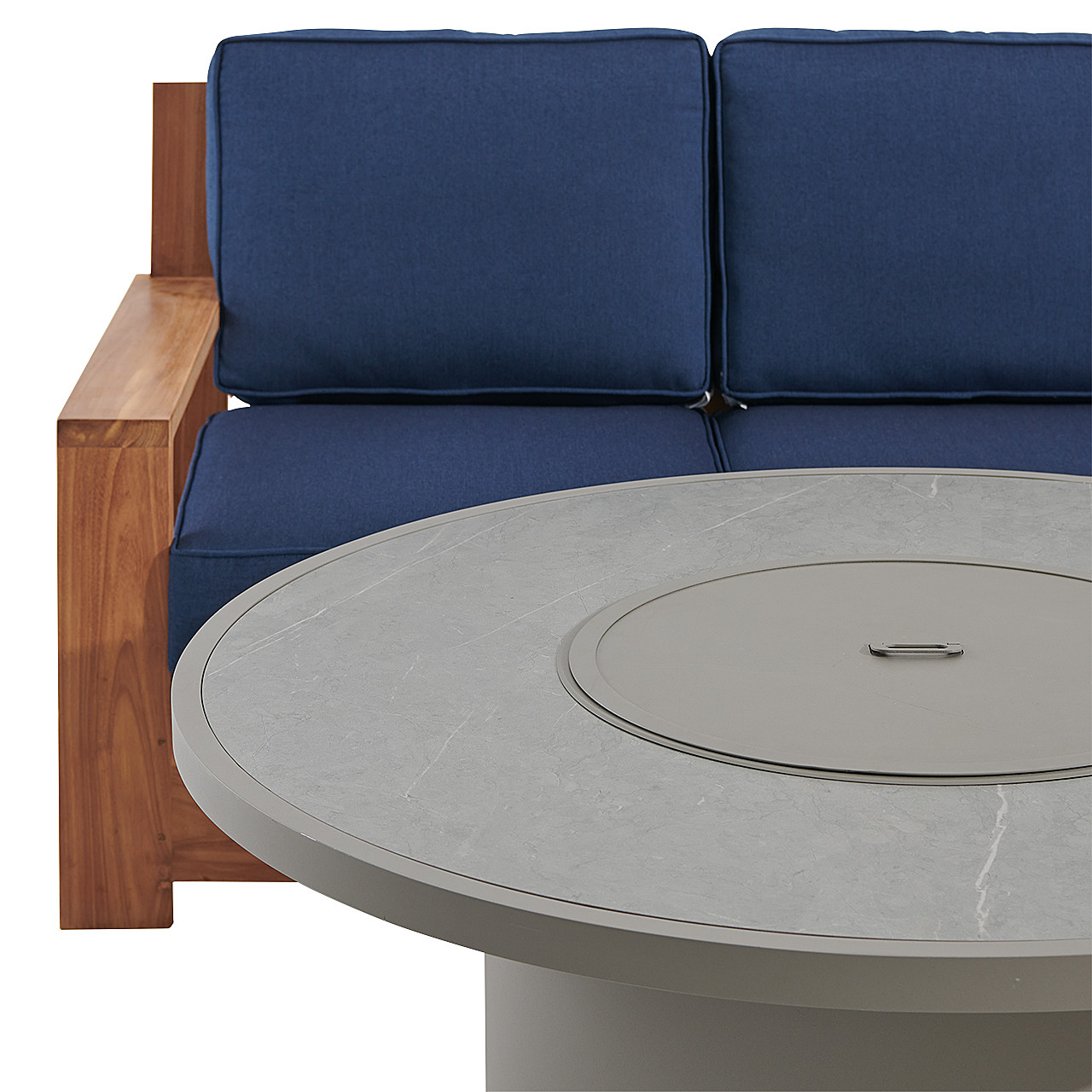 Castello Teak with Cushions 4 Piece Sofa Group + 48 in. D Sintered Fire Pit