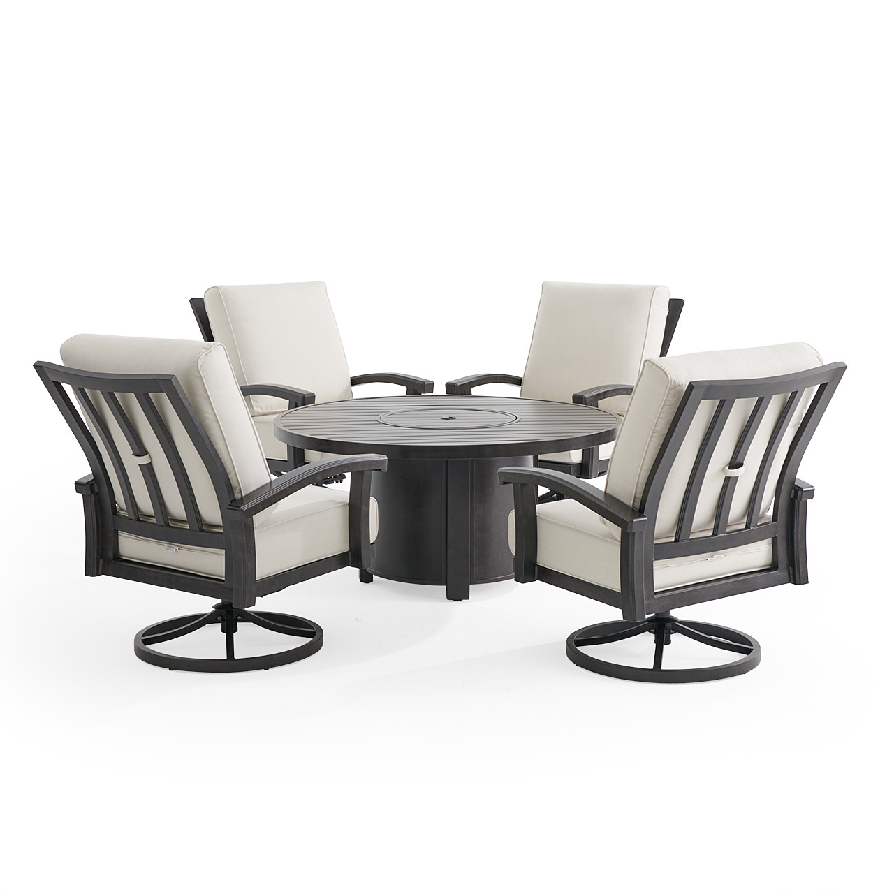 Fairmont Rustic Bronze Aluminum 5-Piece Outdoor Swivel Rocker Chat Set with Cushions and Fire Pit Table, 54 in Diameter