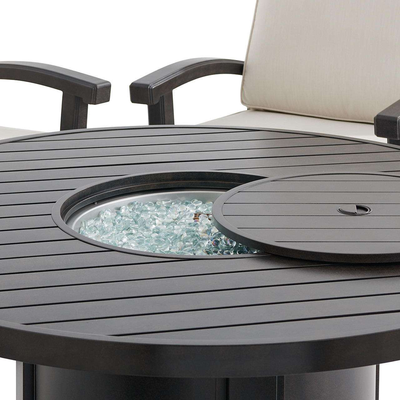 Fairmont Rustic Bronze Aluminum 5-Piece Outdoor Swivel Rocker Chat Set with Cushions and Fire Pit Table, 54 in Diameter