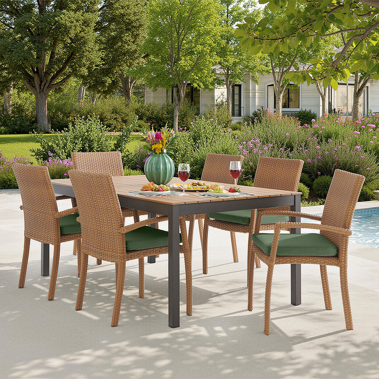 Sonoma Natural Outdoor Wicker 7 Piece Dining Set with Cushions and Rectangular Table, 72 x 40 in.