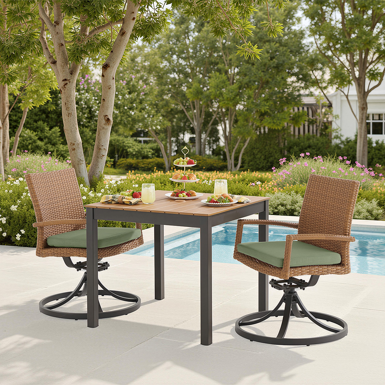 Sonoma Natural Outdoor Wicker 3-Piece Swivel Bistro Set with Cushions and 33 in. Square Table