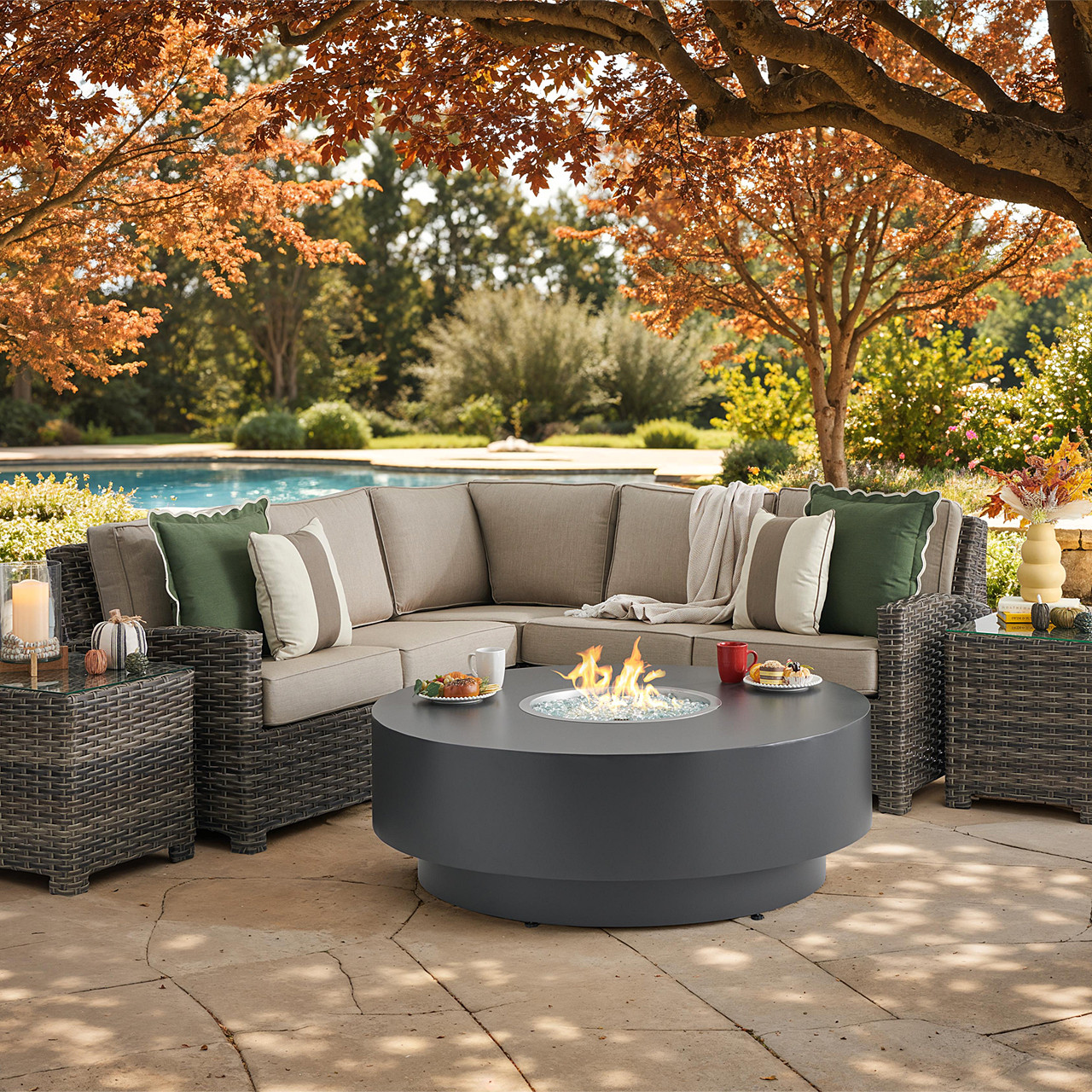 Sonoma Husk Outdoor Wicker 4-Piece Sectional with Cushions and 54 in. Diameter Gas Fire Pit Table