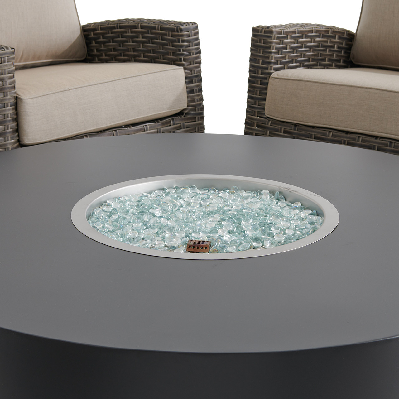 Sonoma Husk Outdoor Wicker 5-Piece Swivel Chat Set with Cushions and 54 in. Diameter Gas Fire Pit Table