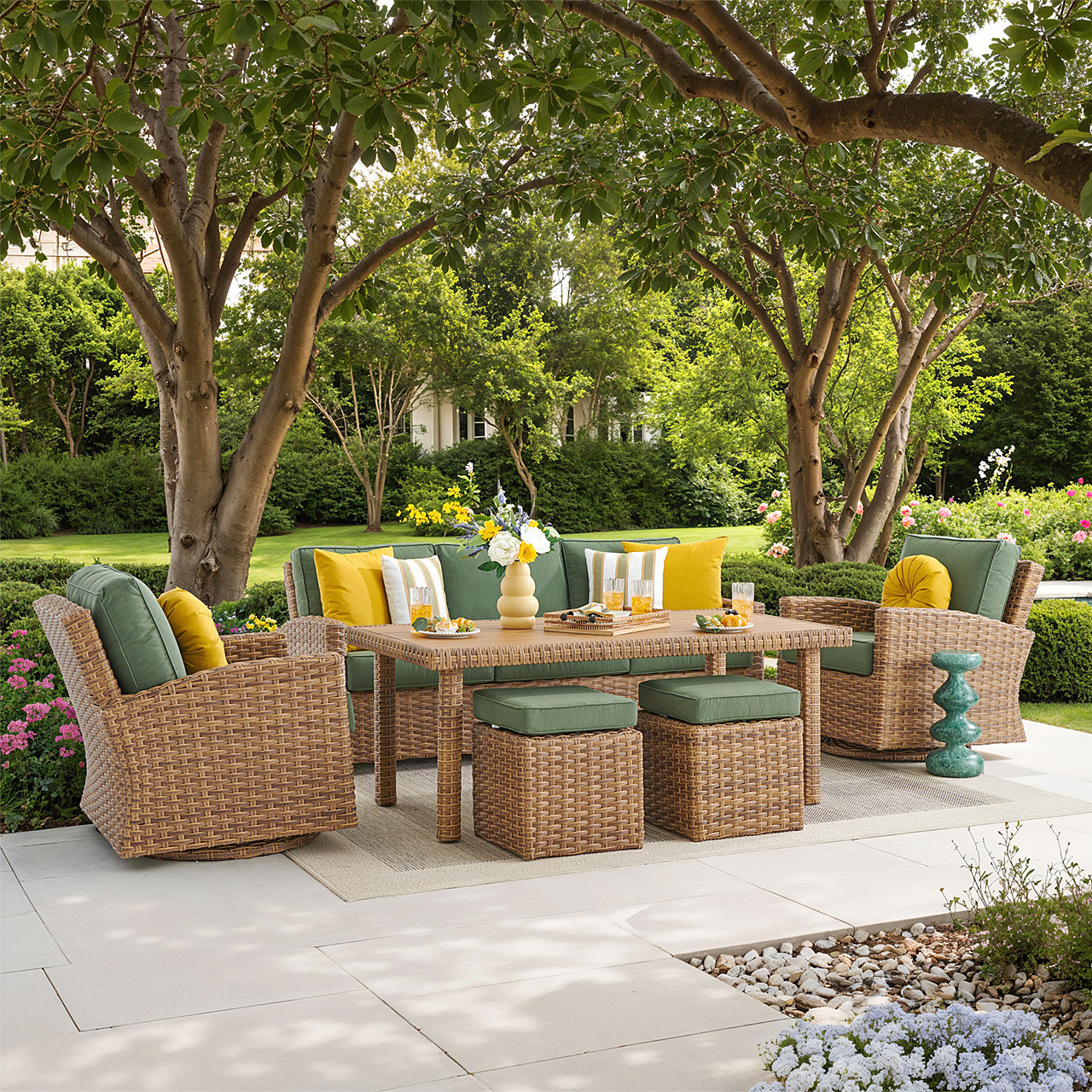 Sonoma Wicker 6 Pc Sofa Set with Swivel Chairs and Rectangular Wicker Lounge Table, Natural
