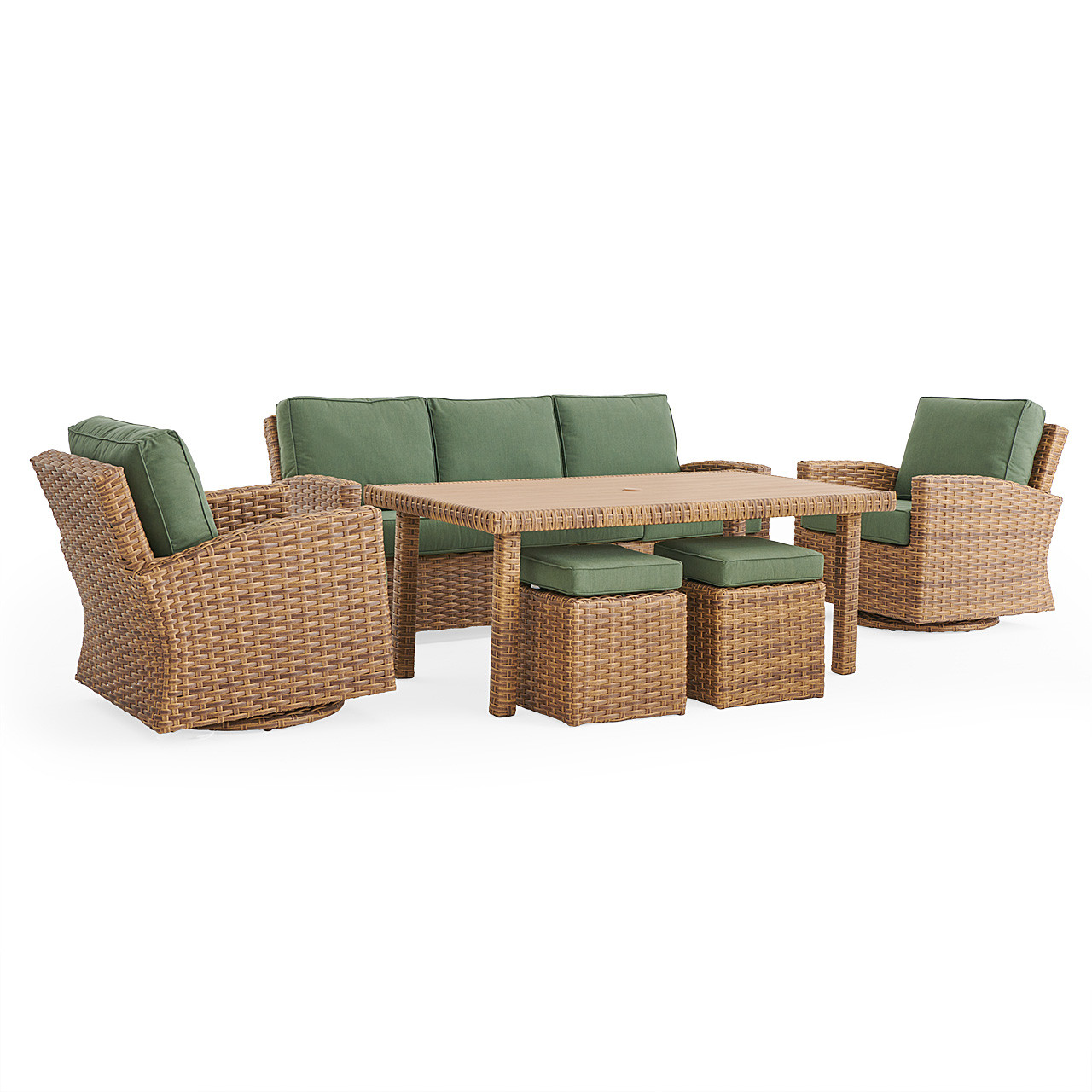 Sonoma Wicker 6 Pc Sofa Set with Swivel Chairs and Rectangular Wicker Lounge Table, Natural