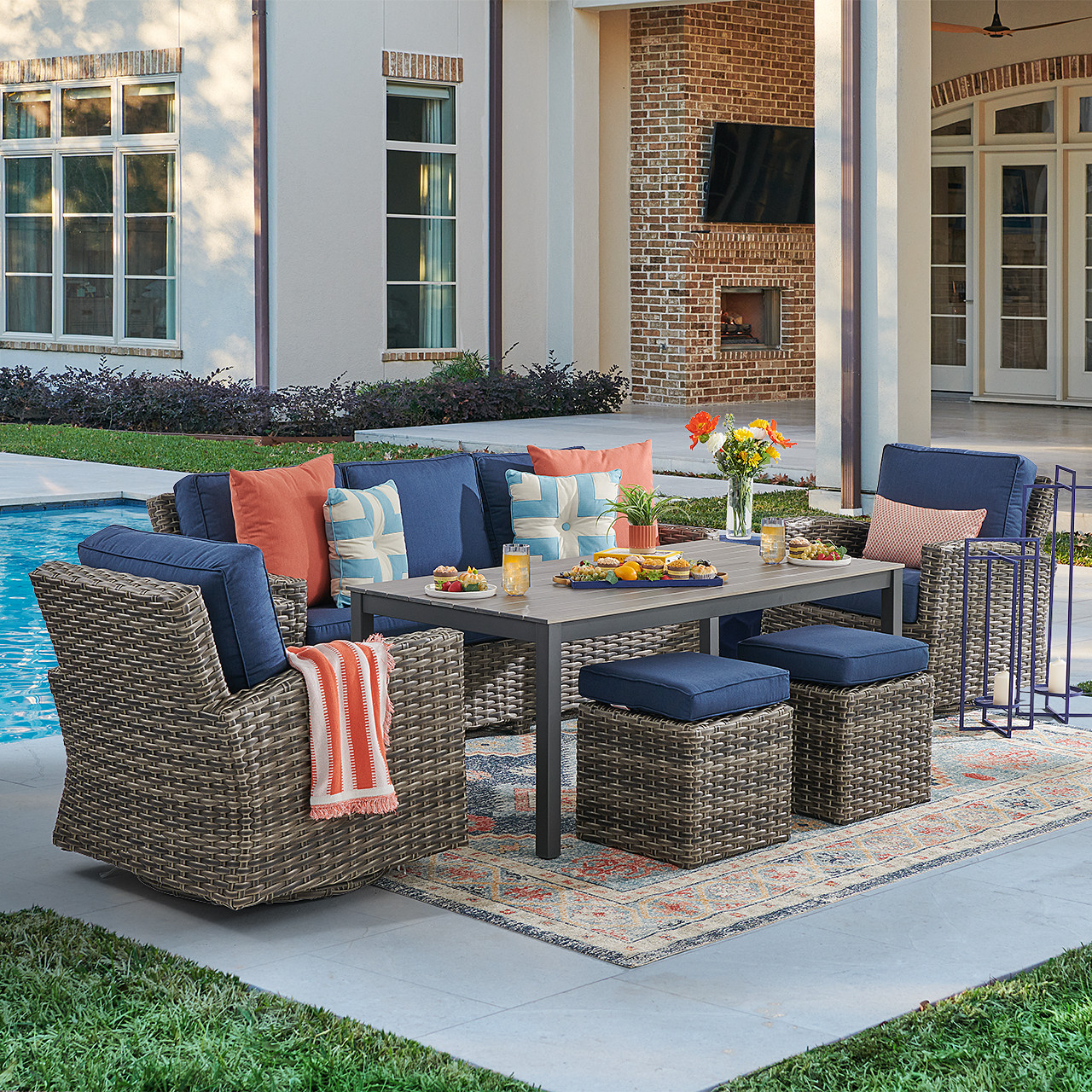 Sonoma Wicker 6 Pc Sofa Set with Swivel Chairs and Rectangular Aluminum Lounge Table, Husk