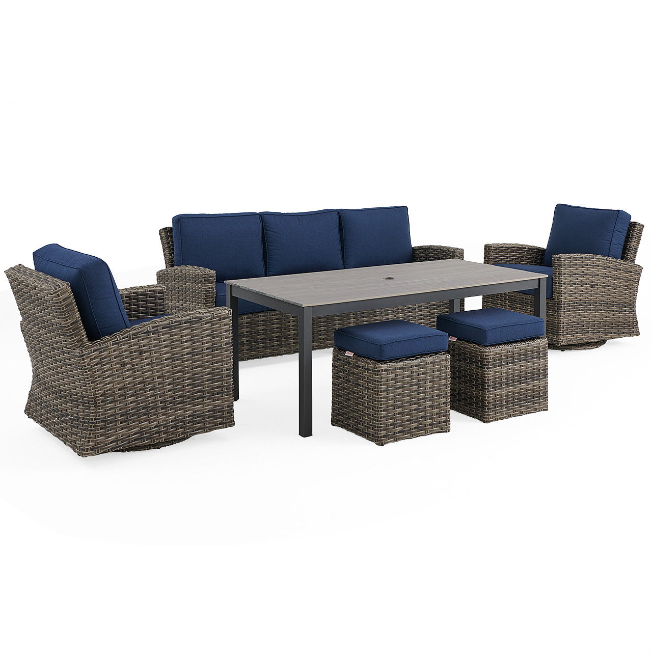 Sonoma Wicker 6 Pc Sofa Set with Swivel Chairs and Rectangular Aluminum Lounge Table, Husk