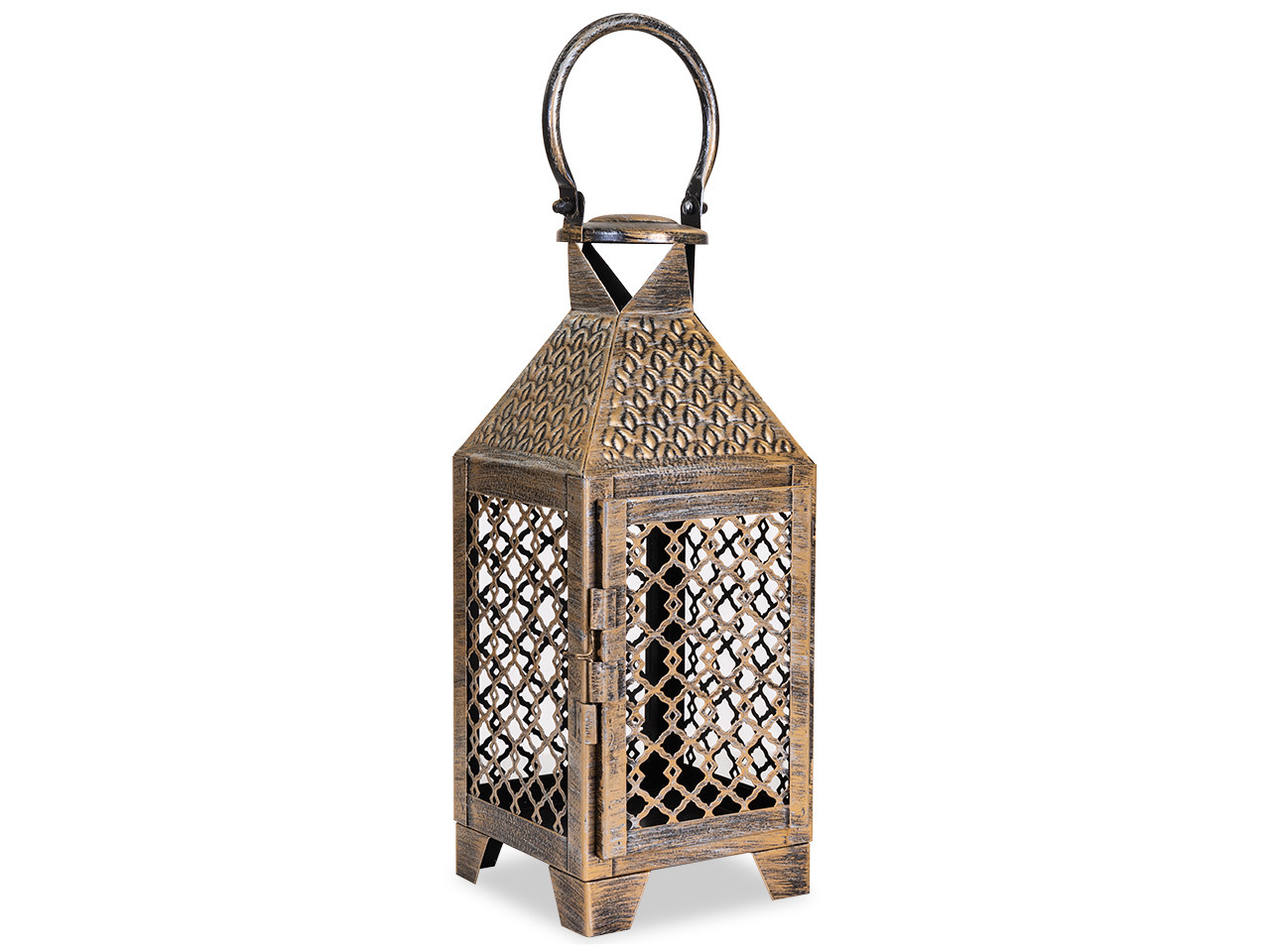 14.75 in. Antique Brushed Gold Iron Lantern with Lattice Panels