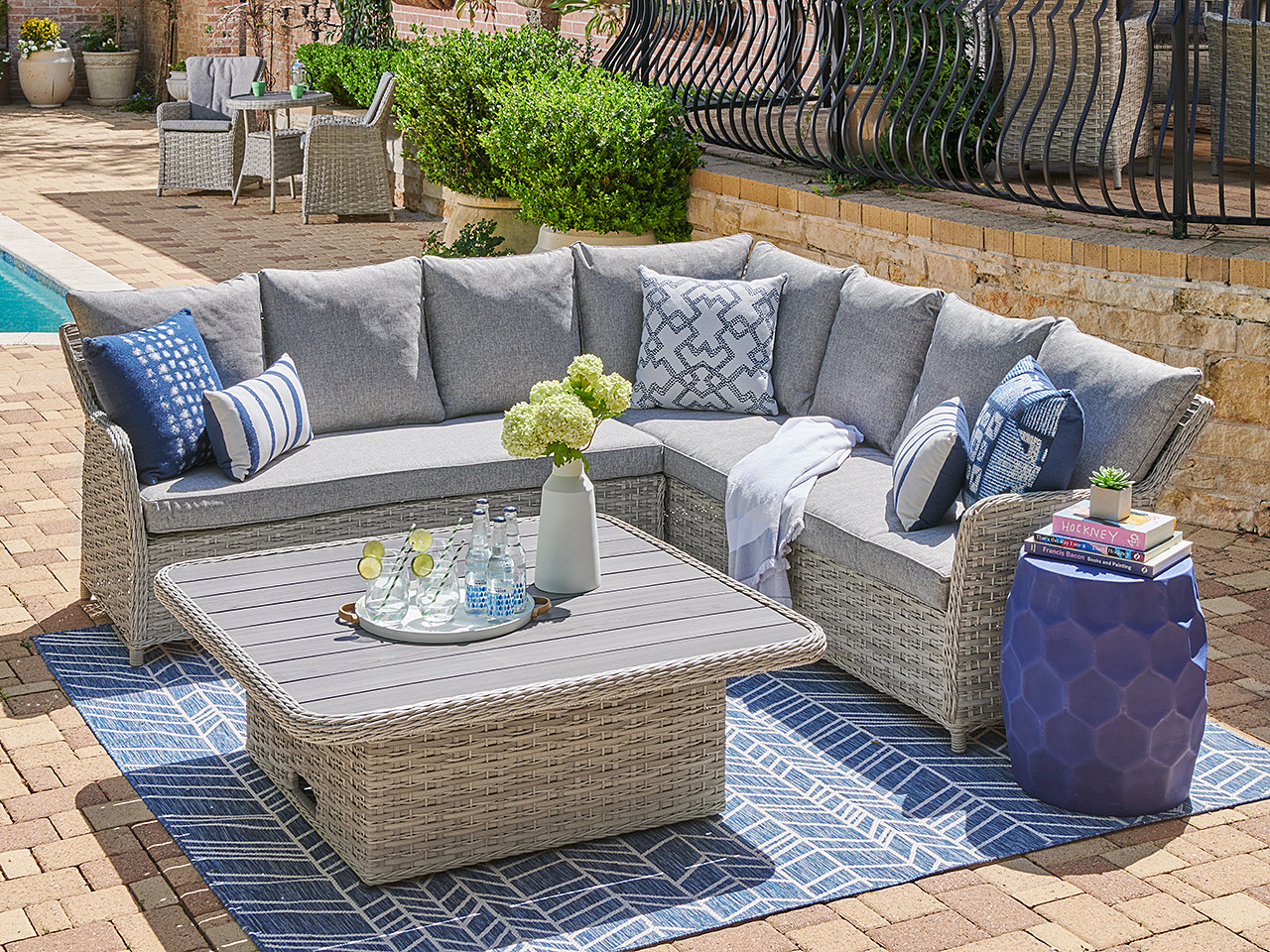 Samoa Slate Outdoor Wicker and Grey Linen Cushion 3 Pc. Sectional Resort Sofa with 48 in. Sq. Coffee Table