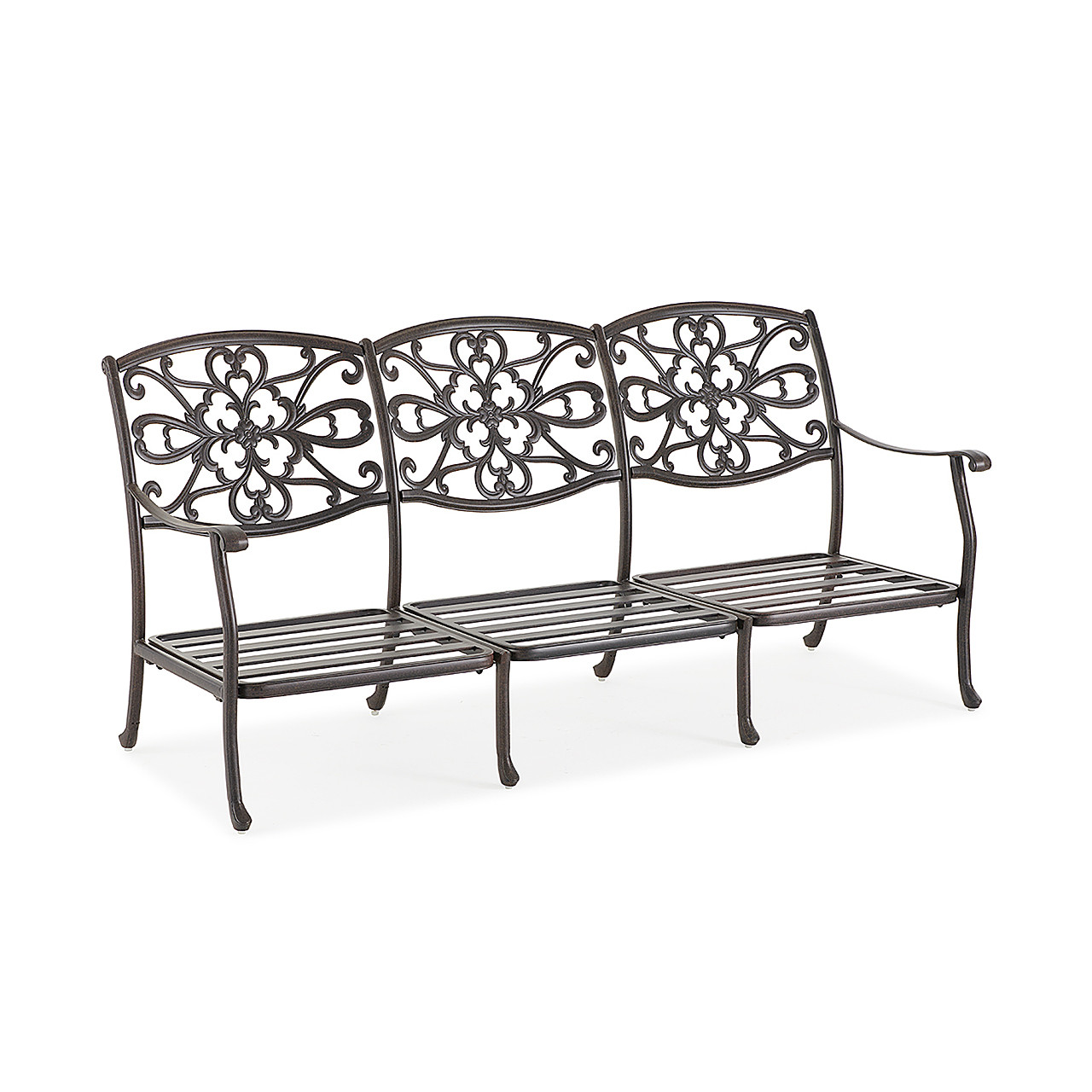 Carlisle Aged Bronze Cast Aluminum and Cast Pumice Cushion 4 Pc. Sofa Group with 36 in. D Fire Pit Table