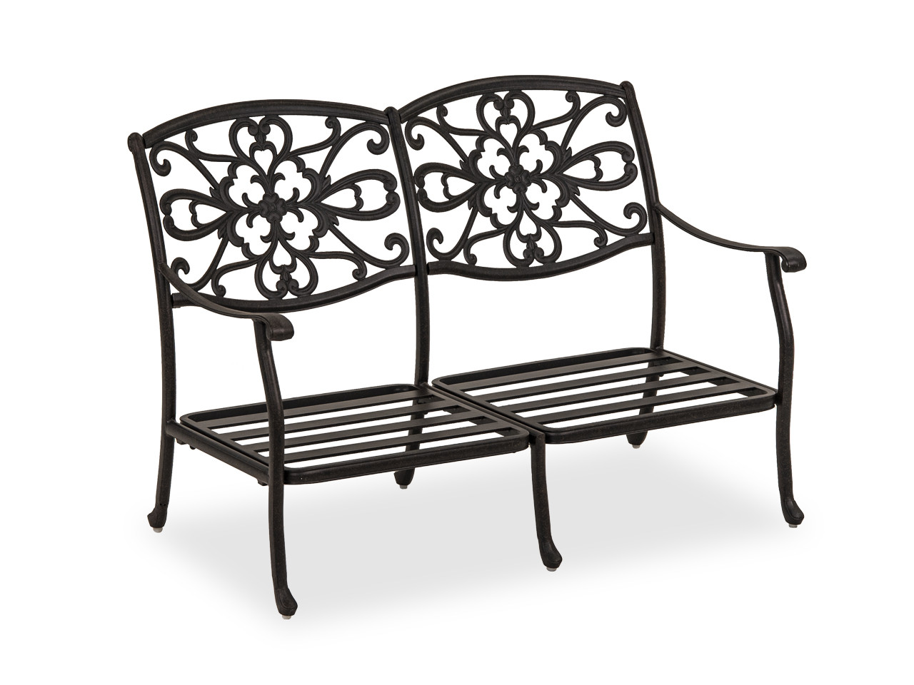 Carlisle Aged Bronze Cast Aluminum and Cultivate Stone Cushion 4 pc. Loveseat Group with 42 in. Sq. Fire Pit Table