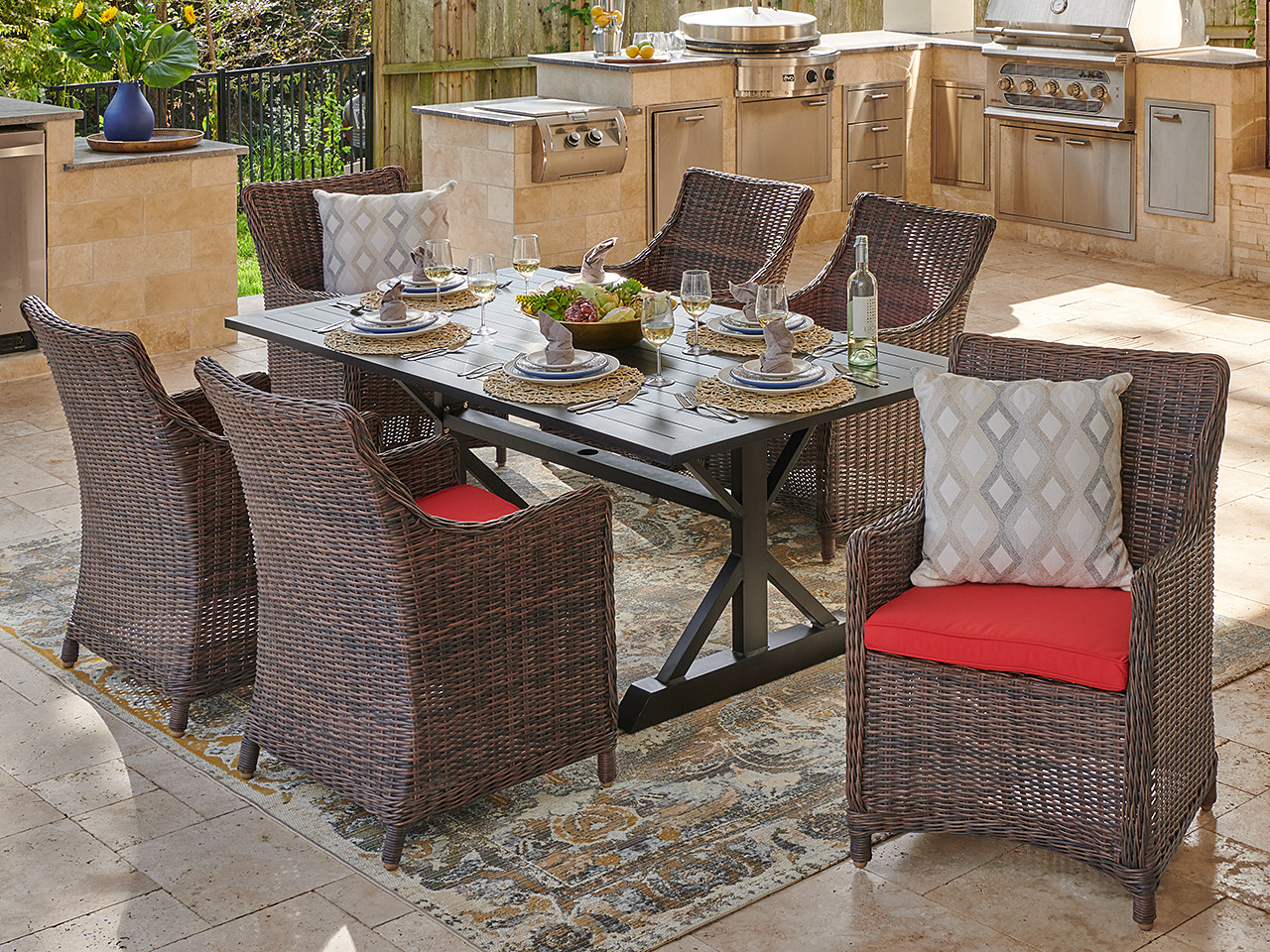 Valencia Sangria Outdoor Wicker and Jockey Red Cushion 7 Pc. Dining Set with 72 x 39 in. Table