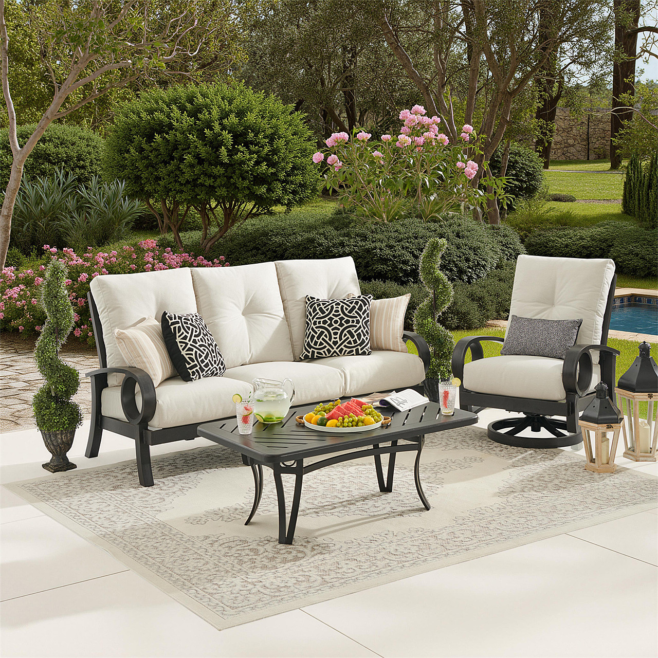 Eclipse Autumn Rust Aluminum with Pashmina Cloud Cushions 3 Piece Swivel Sofa Group + 50 x 28 in. Slat Top Coffee Table