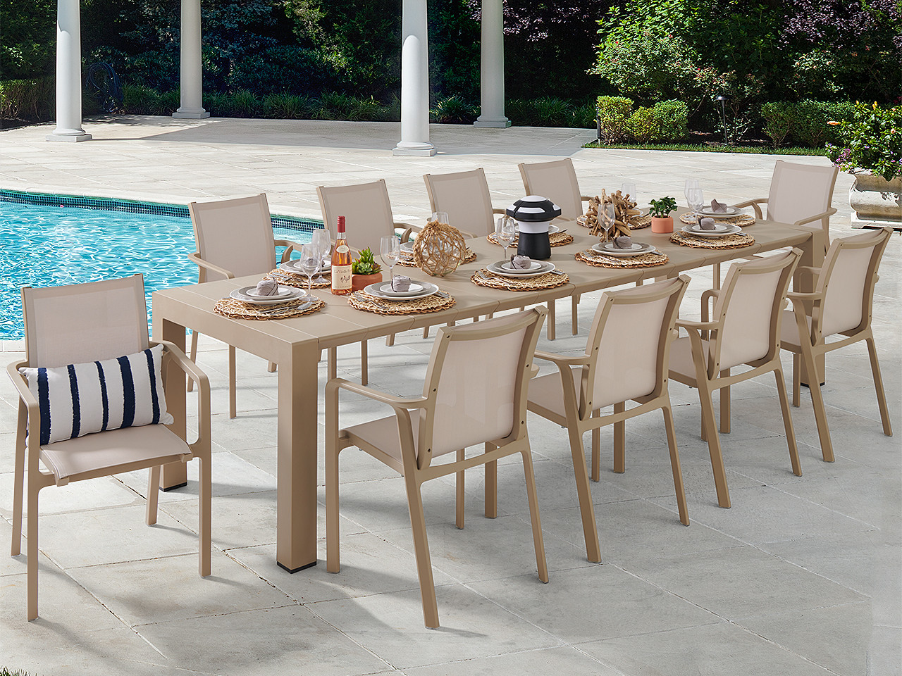 Pacifica Taupe Polypropylene and Taupe Sling 11 Pc. Dining Set with 102-118 x 40 in. Extension Table