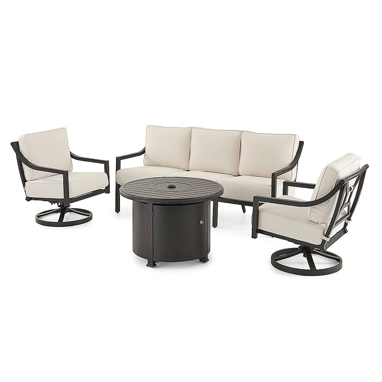 Hill Country Aged Bronze Aluminum with Cast Pumice Cushions 4 Piece Swivel Sofa Group + 36 in. Fire Pit Coffee Table