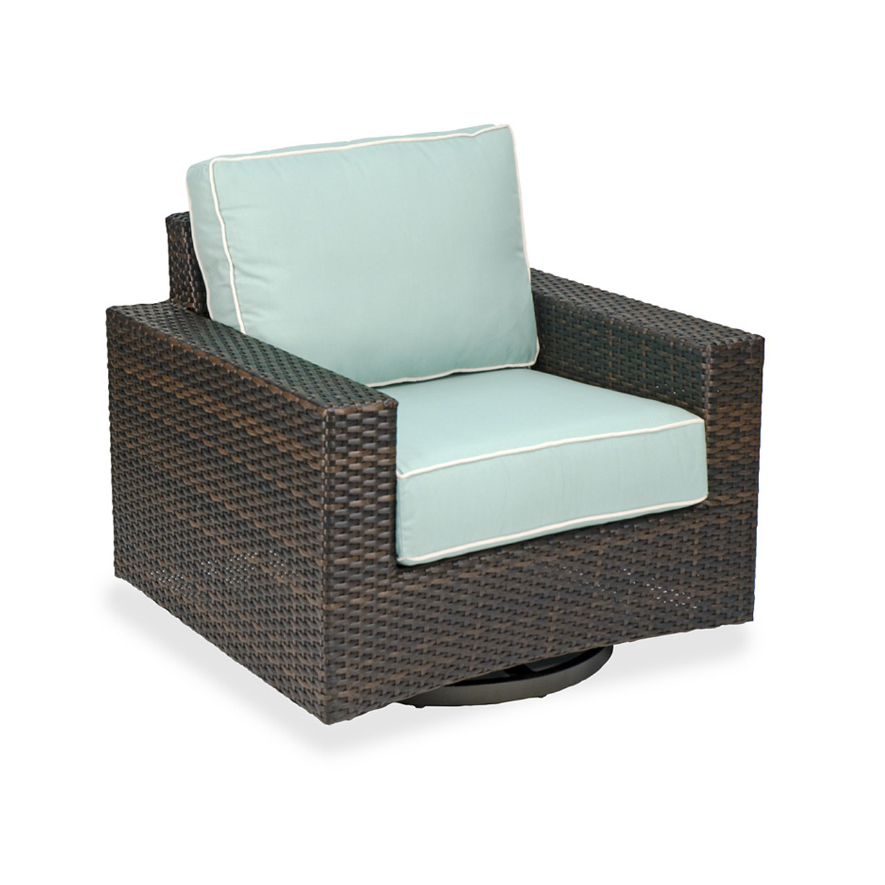 San Lucas Dark Elm Outdoor Wicker and Spectrum Mist Cushion 5 Pc. Swivel Chat Group with 42 in. D Conversation Table