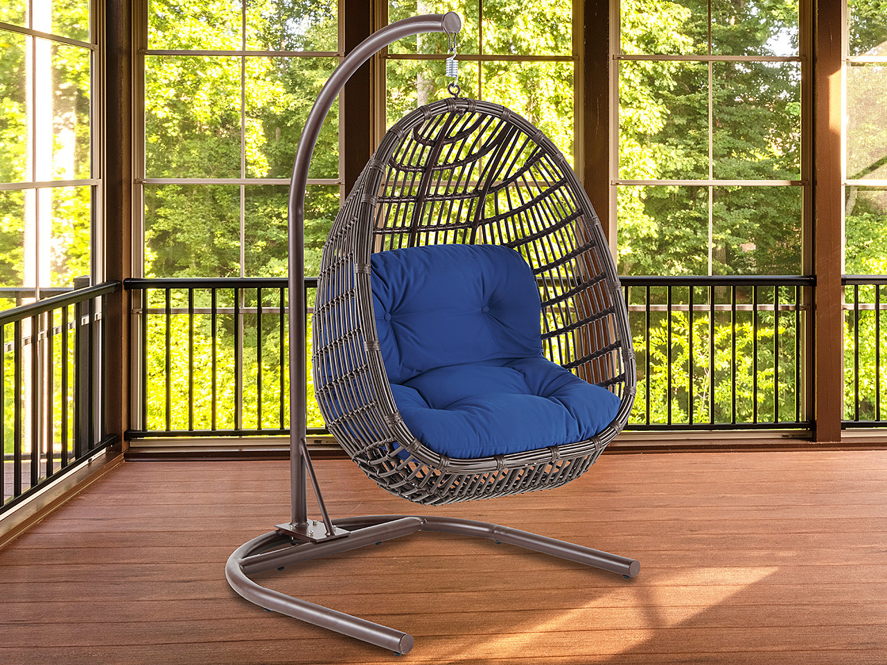 Martinique Matte Chocolate Outdoor Wicker with Indigo Cushion Hanging Swing Chair
