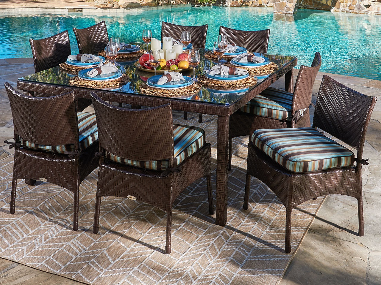 Martinique Java Brown Outdoor Herringbone Wicker 9 Pc. Dining Set with Side  Chairs and a 60 in. Square Glass Top Dining Table
