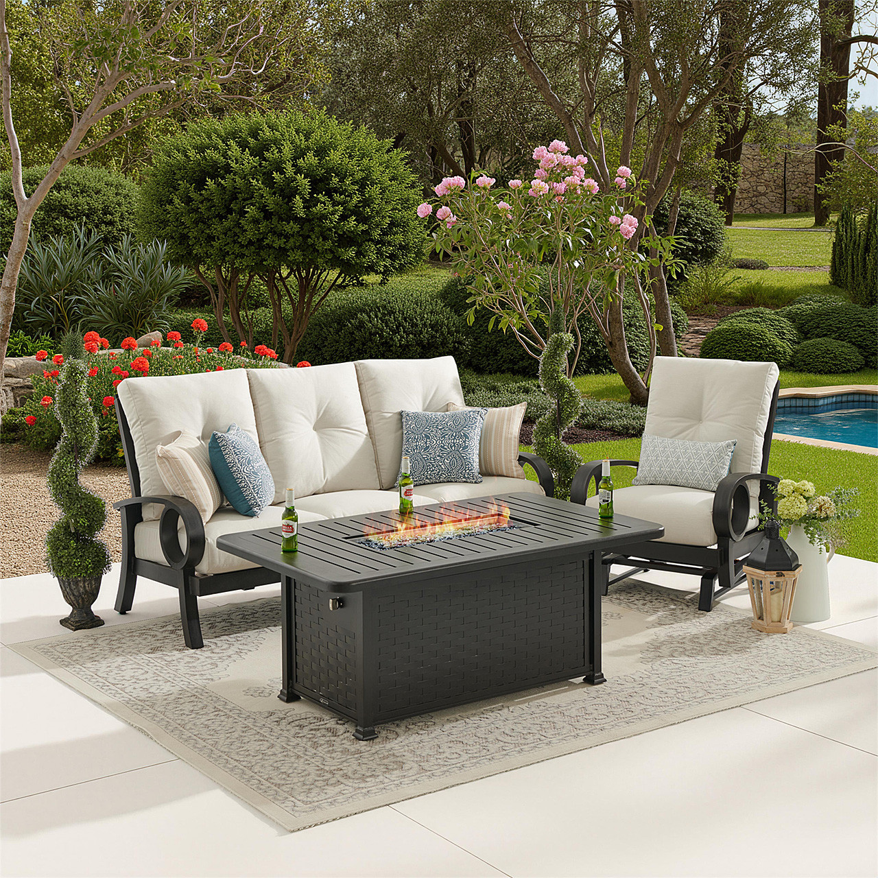 Eclipse Autumn Rust Aluminum with Pashmina Cloud Cushions 3 Piece Spring Sofa Group + 58 X 36 in. Slat Top Gas Fire Pit