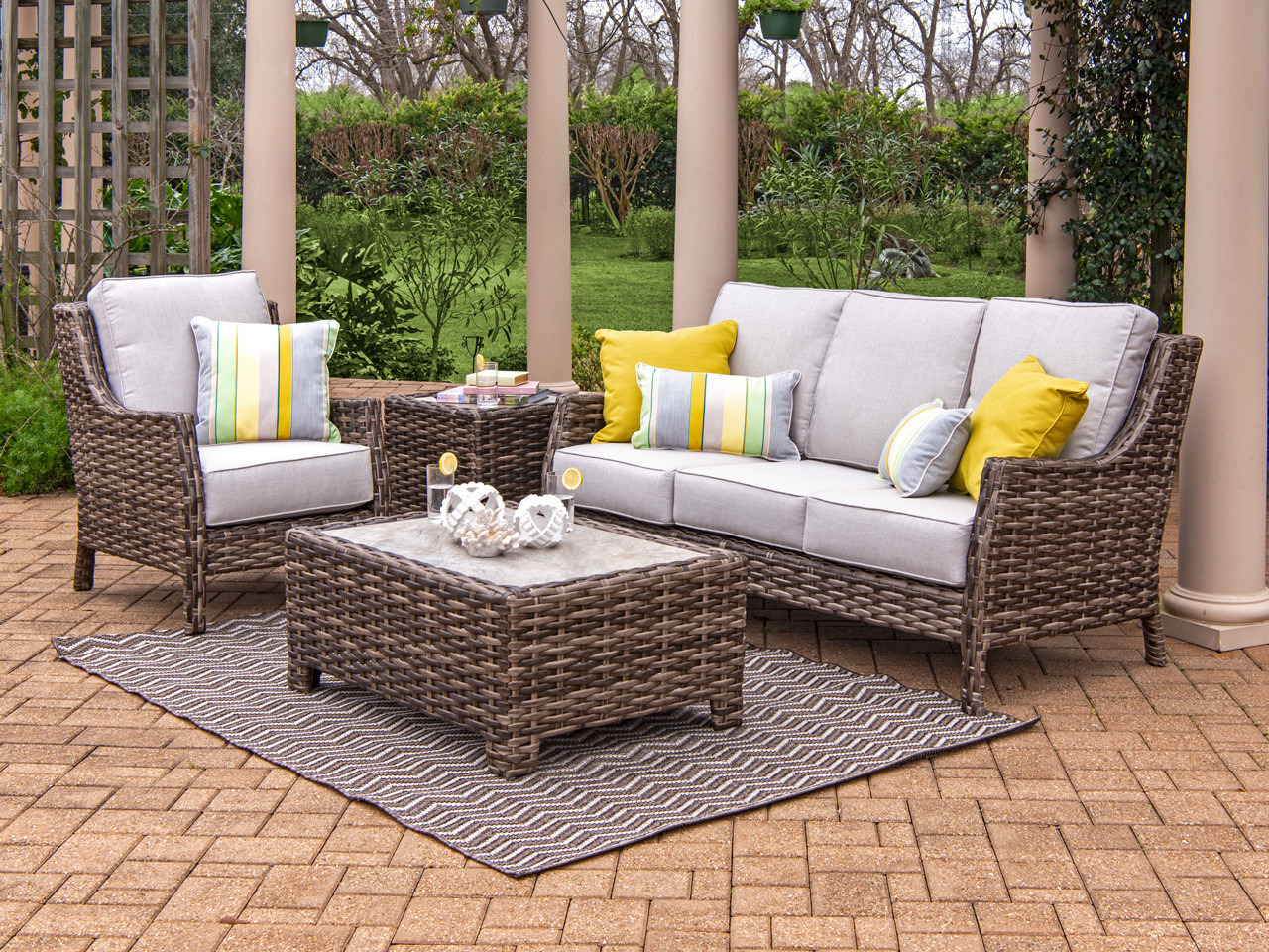 Cabo Caribou Outdoor Wicker and Idol Seagull Cushion 3 Pc. Sofa Group with 40 x 28 in. Coffee Table