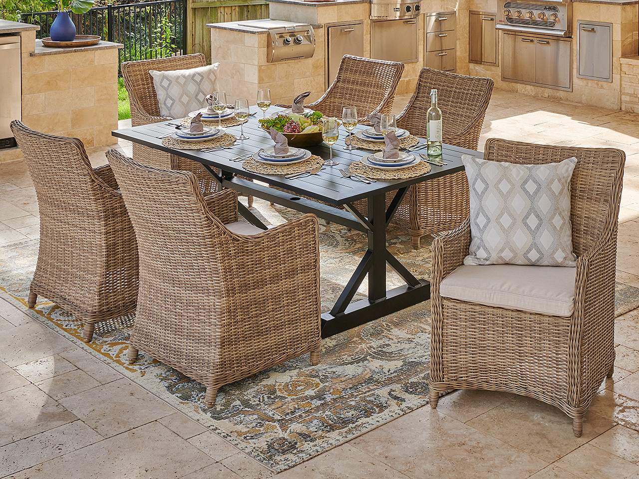 Valencia Driftwood Outdoor Wicker and Canvas Flax Cushion 7 Pc. Dining Set with 72 x 39 in. Table