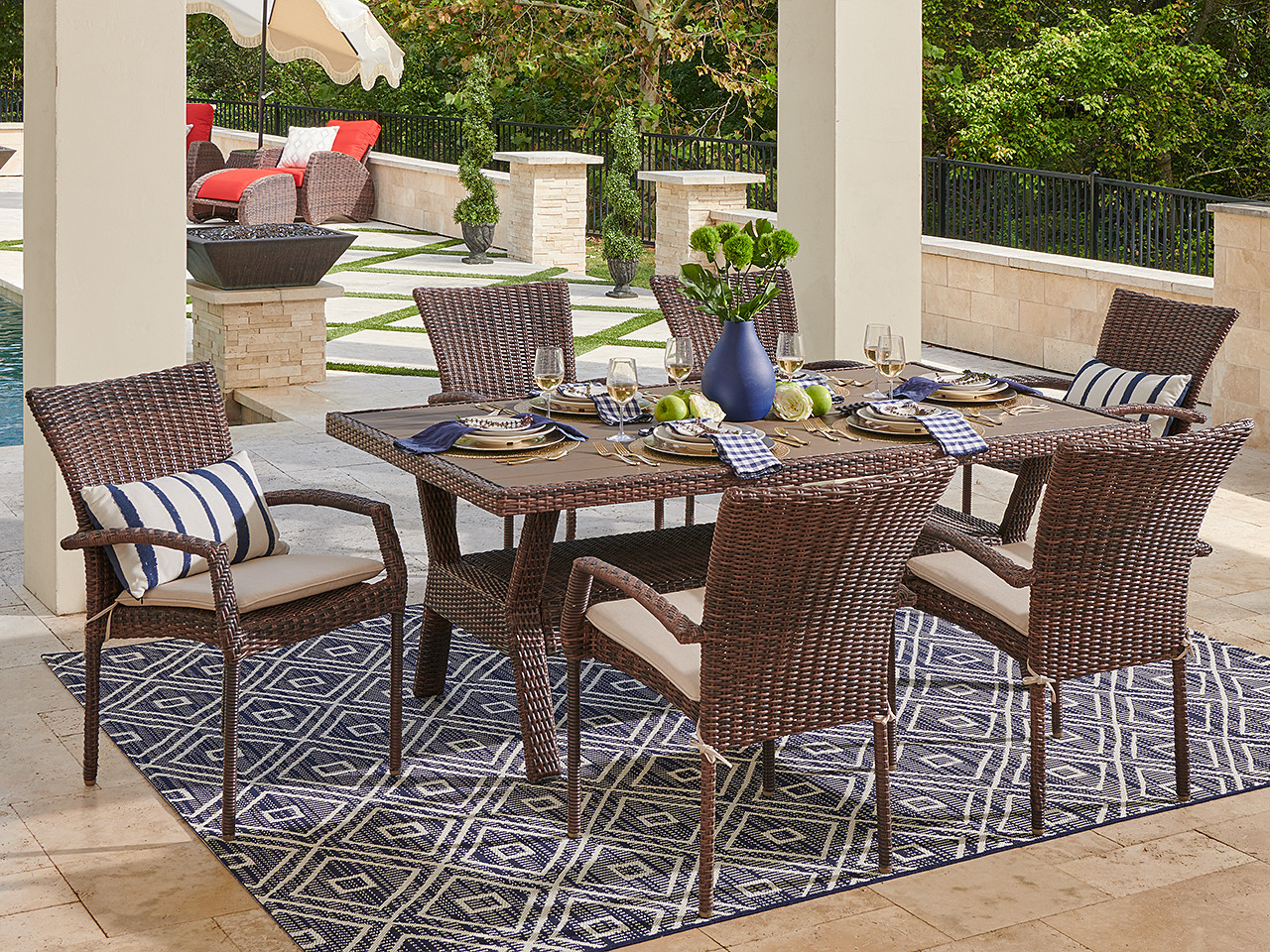 Valencia Sangria Outdoor Wicker 7 Pc. Dining Set with 76 x 42 in. Table