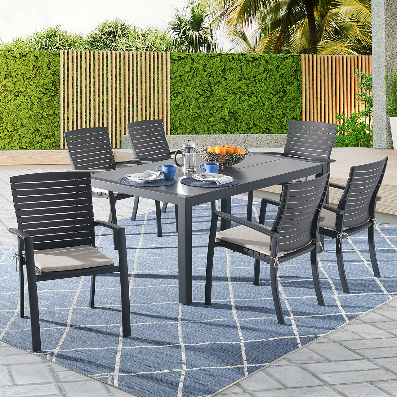 Miami Dark Grey Aluminum and Cappuccino Cushion 7 Pc. Dining Set with 63 x 36 in. Table