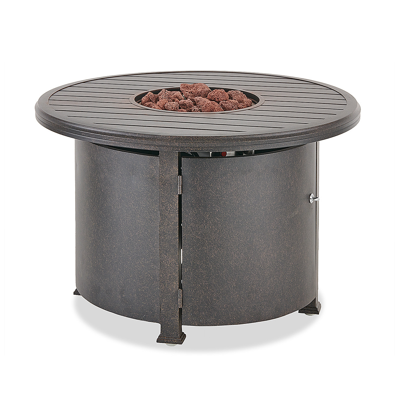 Vinings Chocolate Wrought Iron and Indigo Cushion 5 Pc. Swivel Chat Group with Aged Bronze Slate Top 36 in. D LP Fire Pit Table