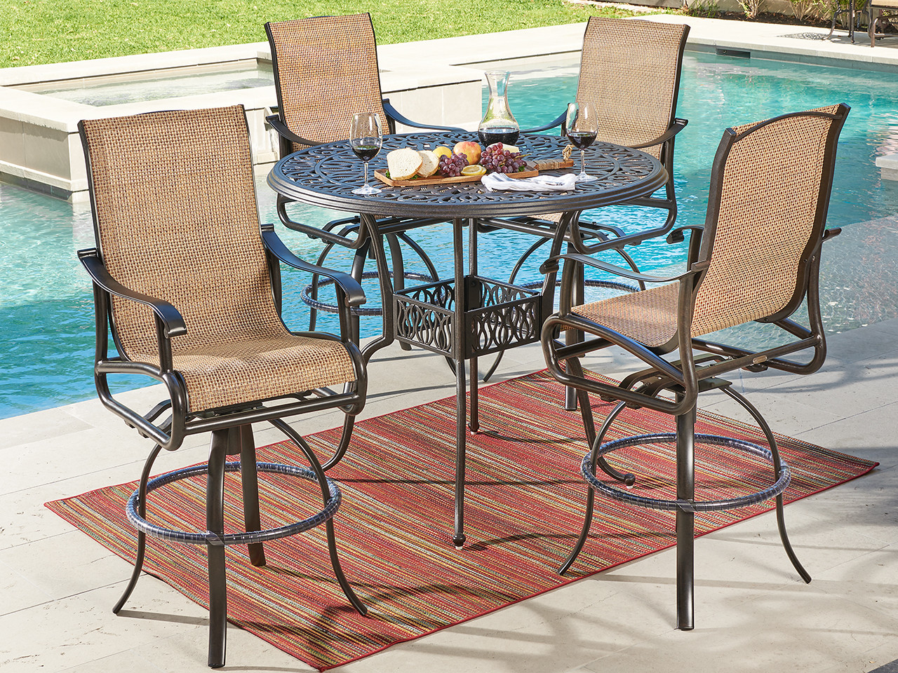 Scarsdale Autumn Rust Aluminum and Wicker Cordoba Sling 5 Pc. Bar Set with Ultra-high Back Barstools and 48 in. D Bar Table