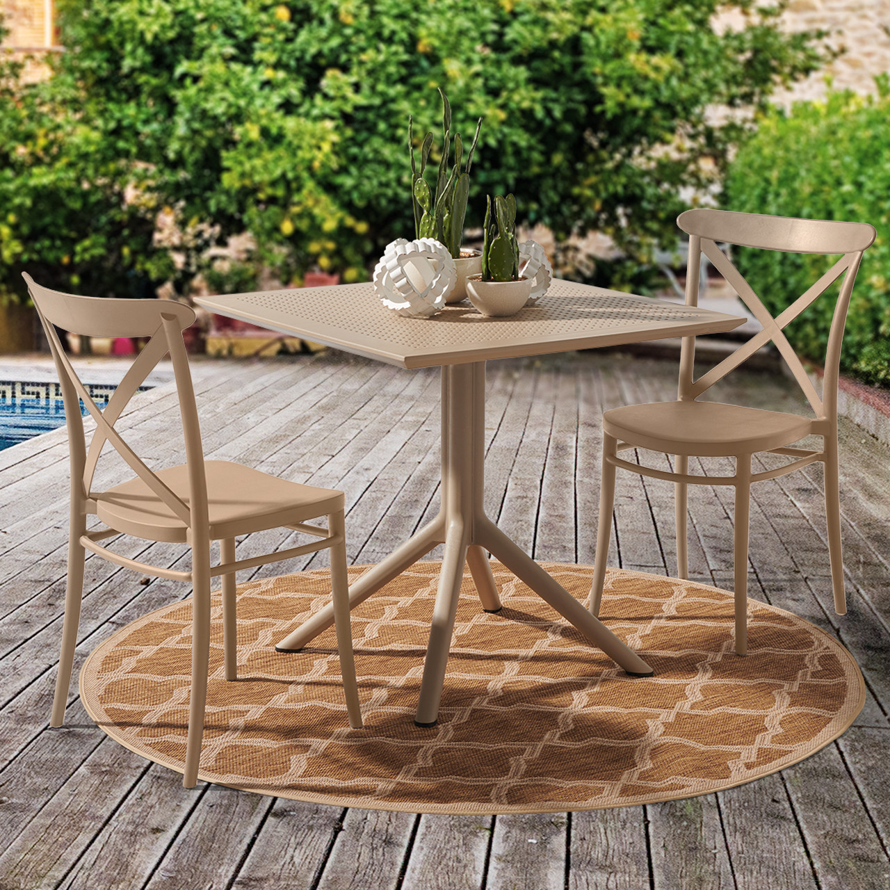 Cross Taupe Polypropylene 3 Pc. Bistro Set with 31 in. Sq. Bistro Table