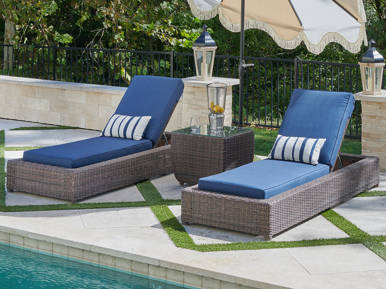 Valencia Sangria Outdoor Wicker and Spectrum Indigo Cushion 3 Pc. Chaise Set with 24 in. Sq. End Table