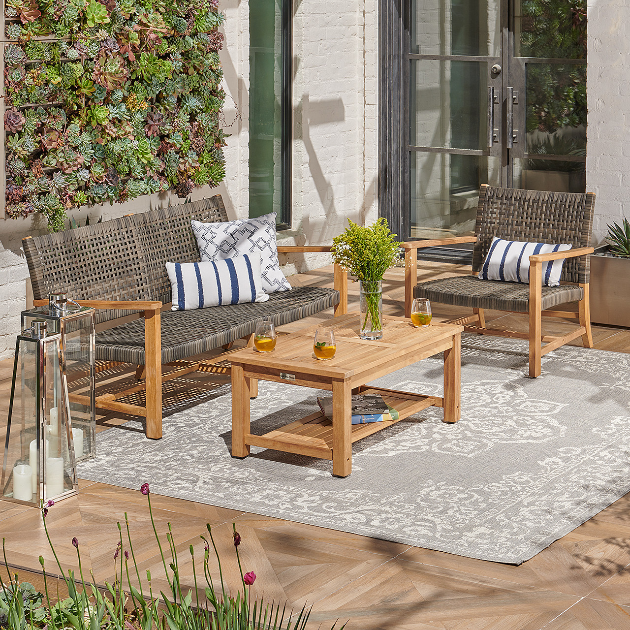 Hampton Driftwood Outdoor Wicker and Solid Teak 3 Piece Loveseat Group + 39 x 24 in. Coffee Table
