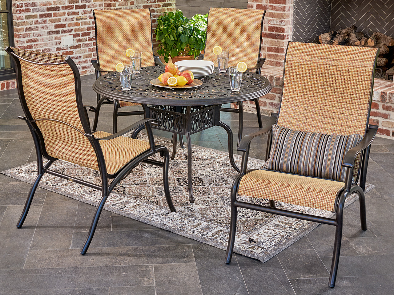 Scarsdale Autumn Rust Aluminum and Wicker Cordoba Sling 5 Pc. Dining Set with Ultra-high Back Arm Chairs and 48 in. D Table