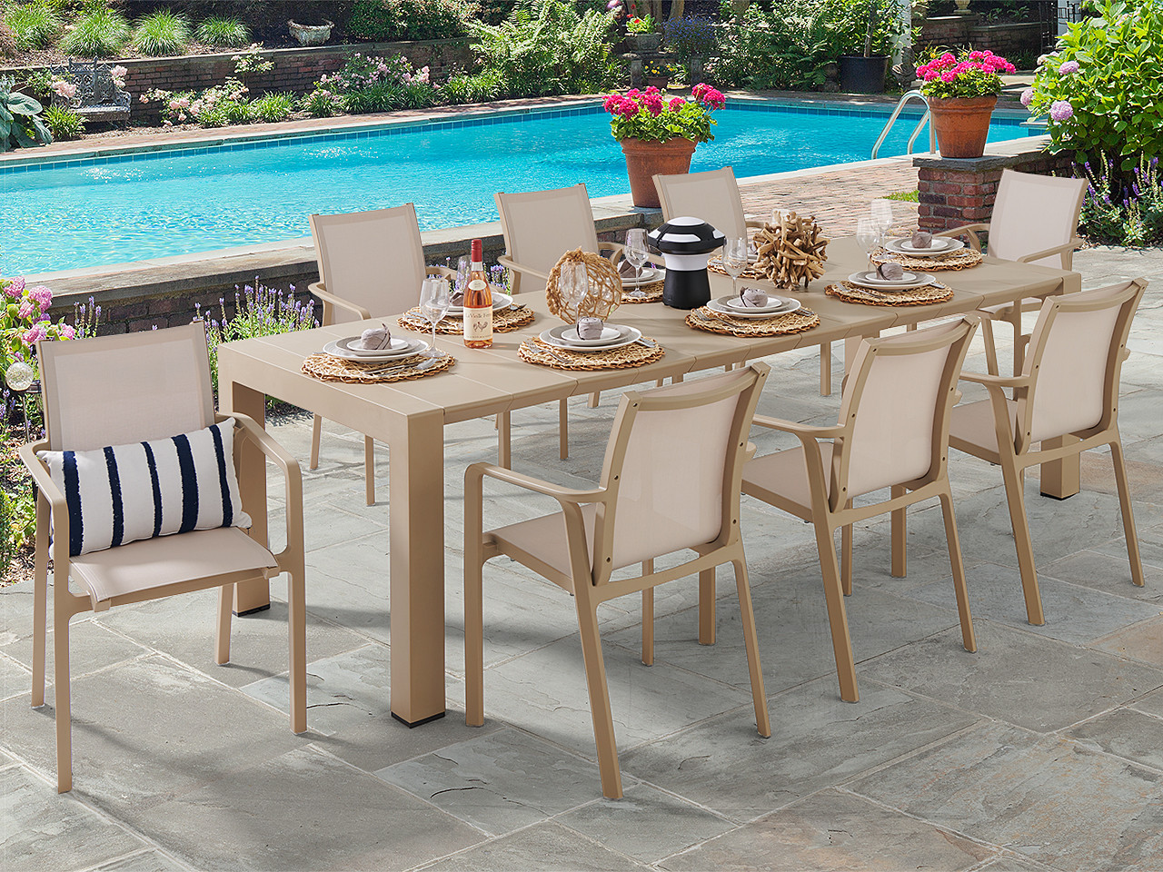 Pacifica Taupe Polypropylene and Taupe Sling 9 Pc. Dining Set with 102-118 x 40 in. Extension Table