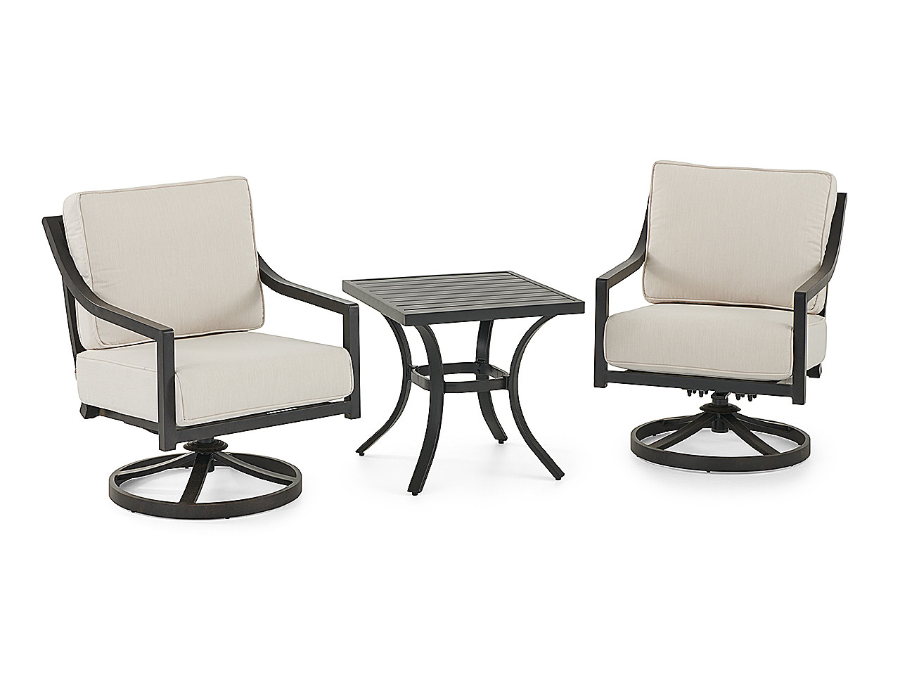 Hill Country Aged Bronze Aluminum and Cast Pumice Cushion 3 Pc. Swivel Seating Set with 24 in. sq. Side Table