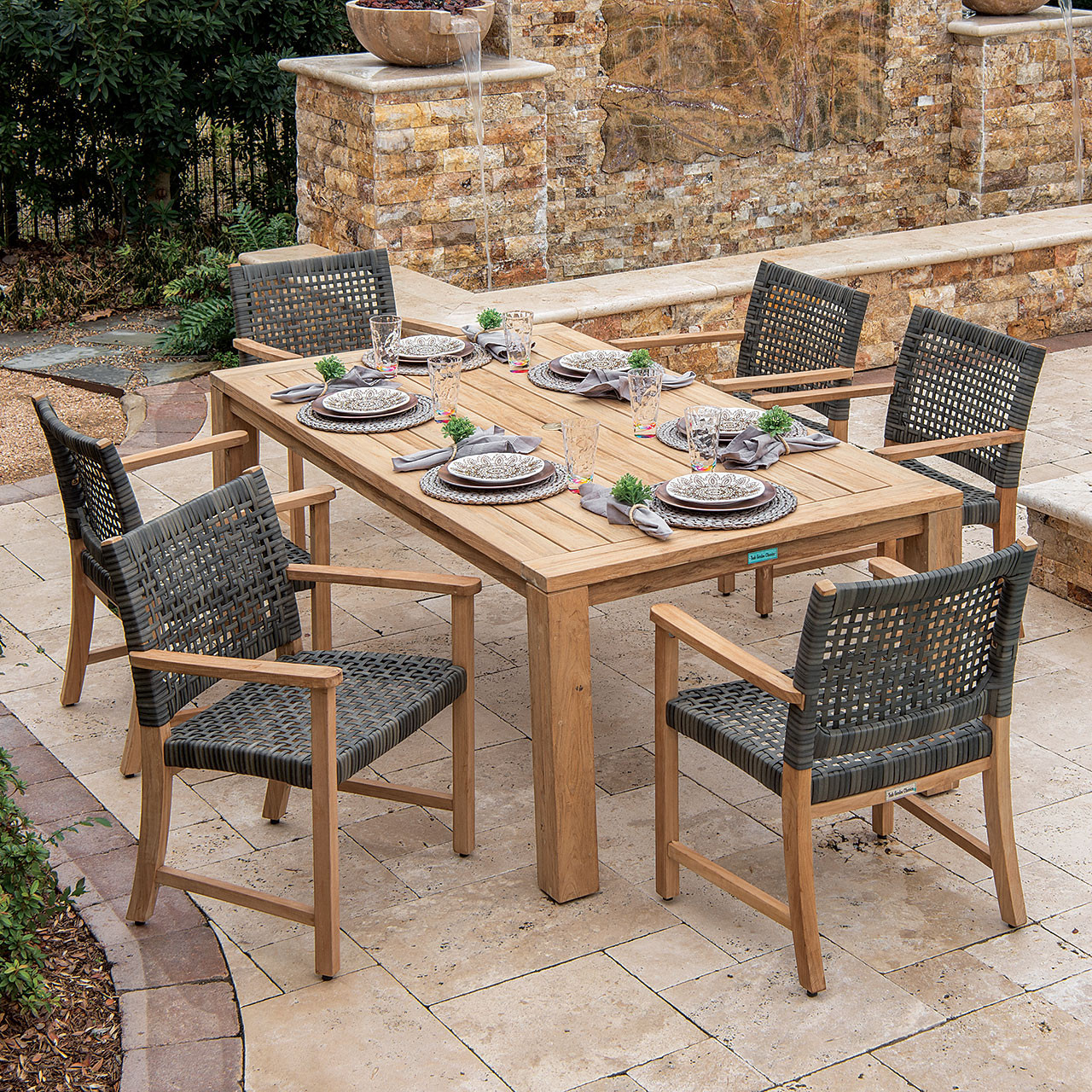 Hampton Driftwood Outdoor Wicker and Solid Teak 7 Pc. Dining Set with 79 x 43 in. Table