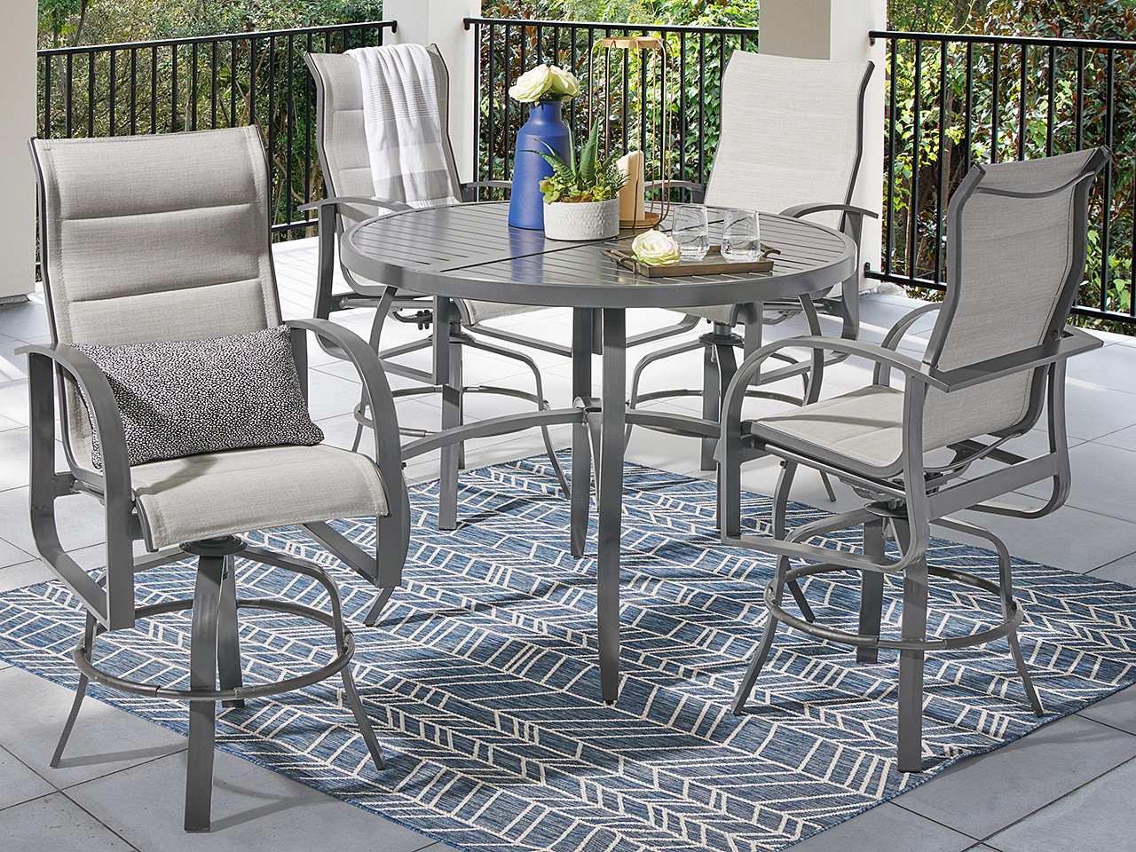 Capri Glimmer Grey Aluminum and Augustine Alloy Padded Sling 5 Pc. Bar Set with 48 in. D Table