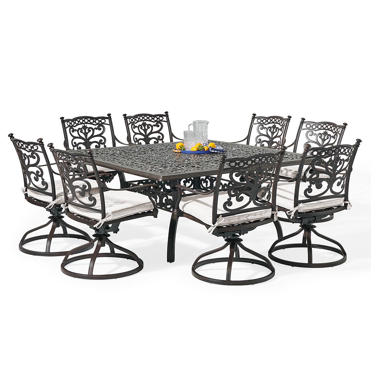 Milan Aged Bronze Cast Aluminum with Cushions 9 Piece Swivel Rocker Dining Set + 64 in. Sq. Table