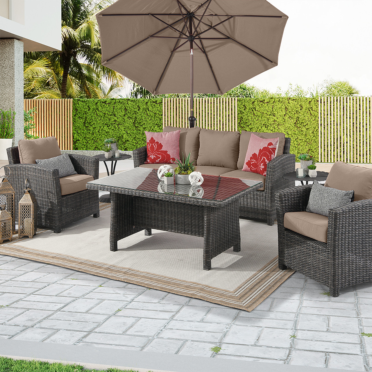 Venice Silver Oak Outdoor Wicker with Cushions 4 Piece Sofa Group + 59 x 32 in. Glass Top Lounge Table