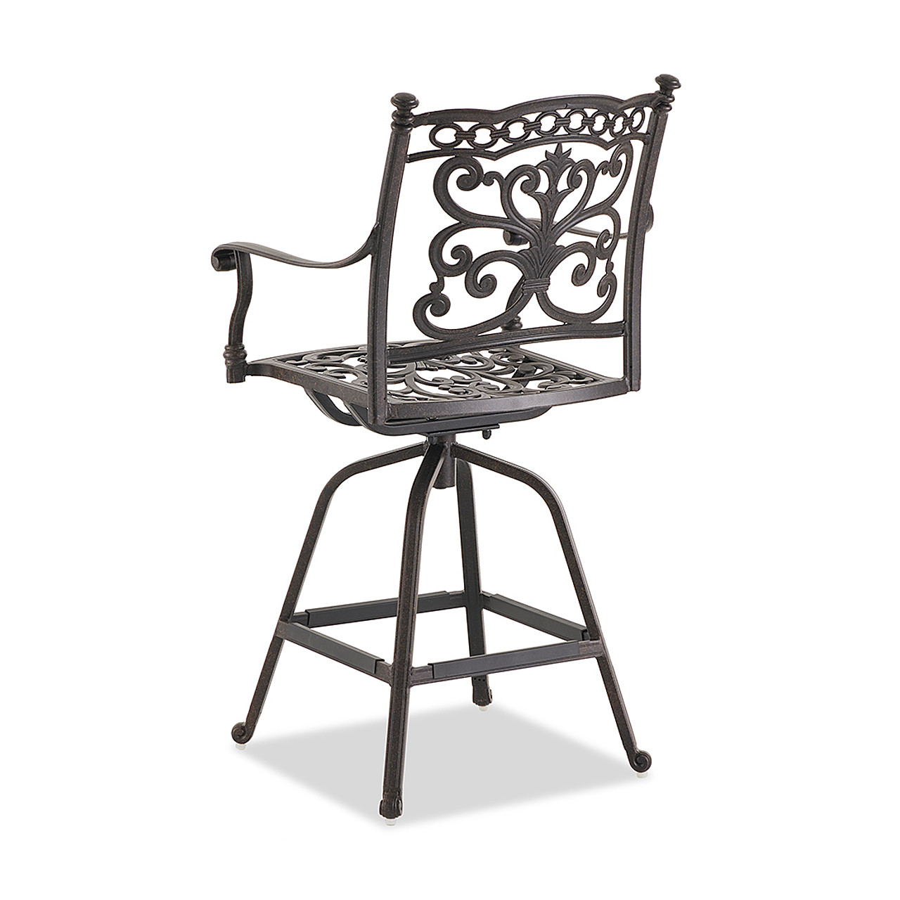 Milan Aged Bronze Cast Aluminum with Cushions 7 Piece Swivel Gathering Height Dining Set + 72 x 42 in. D Table