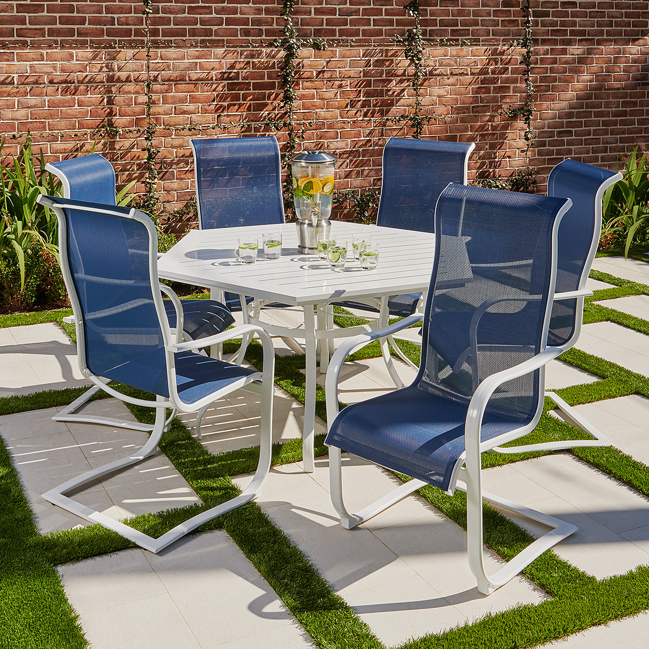 Cape Coral Aluminum with Sling 7 Piece Spring Dining Set + 60 in. D Hexagonal Slat Top Table