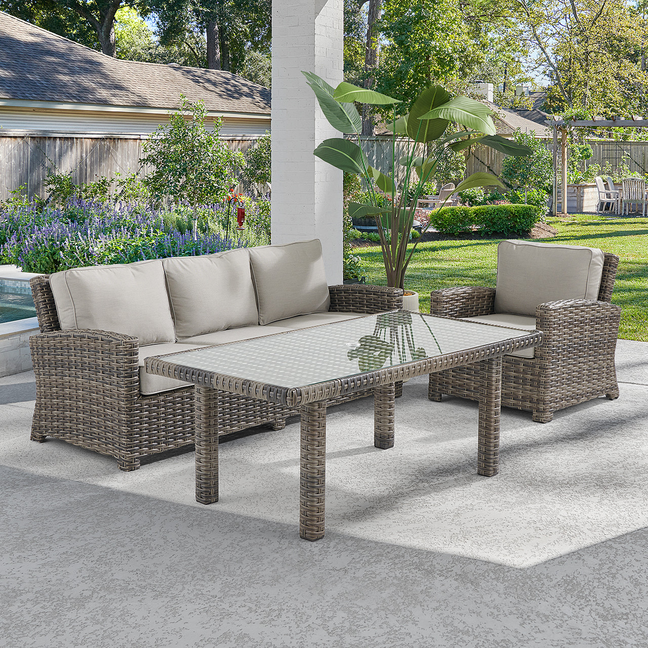 Contempo Husk Outdoor Wicker with Cushions 3 Piece Sofa Group + 65 x 34 in.  Lounge Dining Table