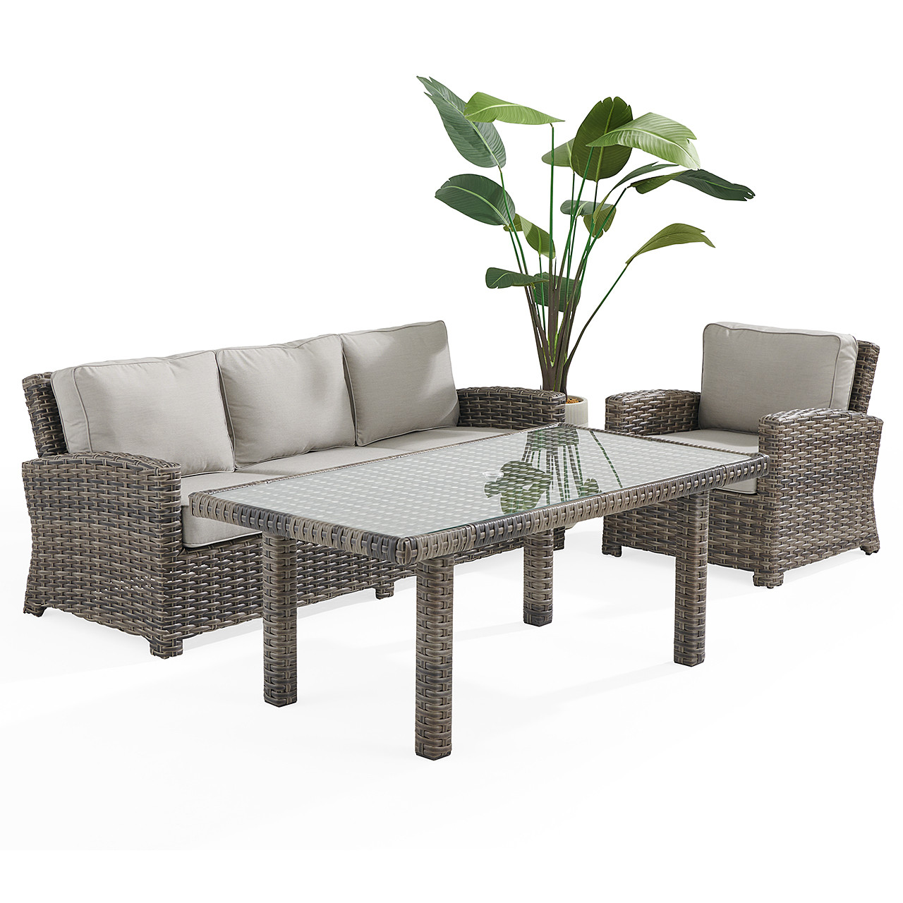 Contempo Husk Outdoor Wicker with Cushions 3 Piece Sofa Group + 65 x 34 in. Lounge Dining Table